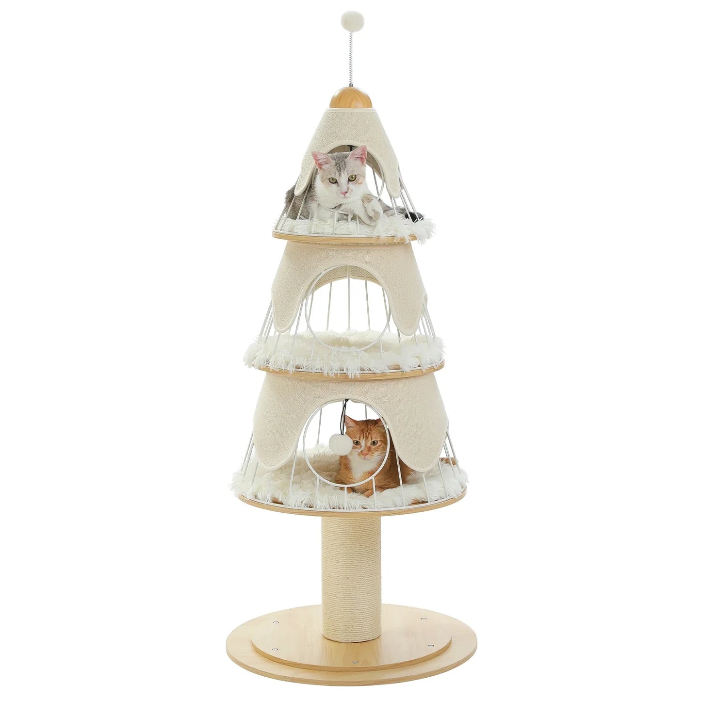 Modern Cat Tree Tower with Thick Scratch Post Wood Cat Tower 3 Cozy Condos Sturdy Metal Frame and Replaceable Soft Mat