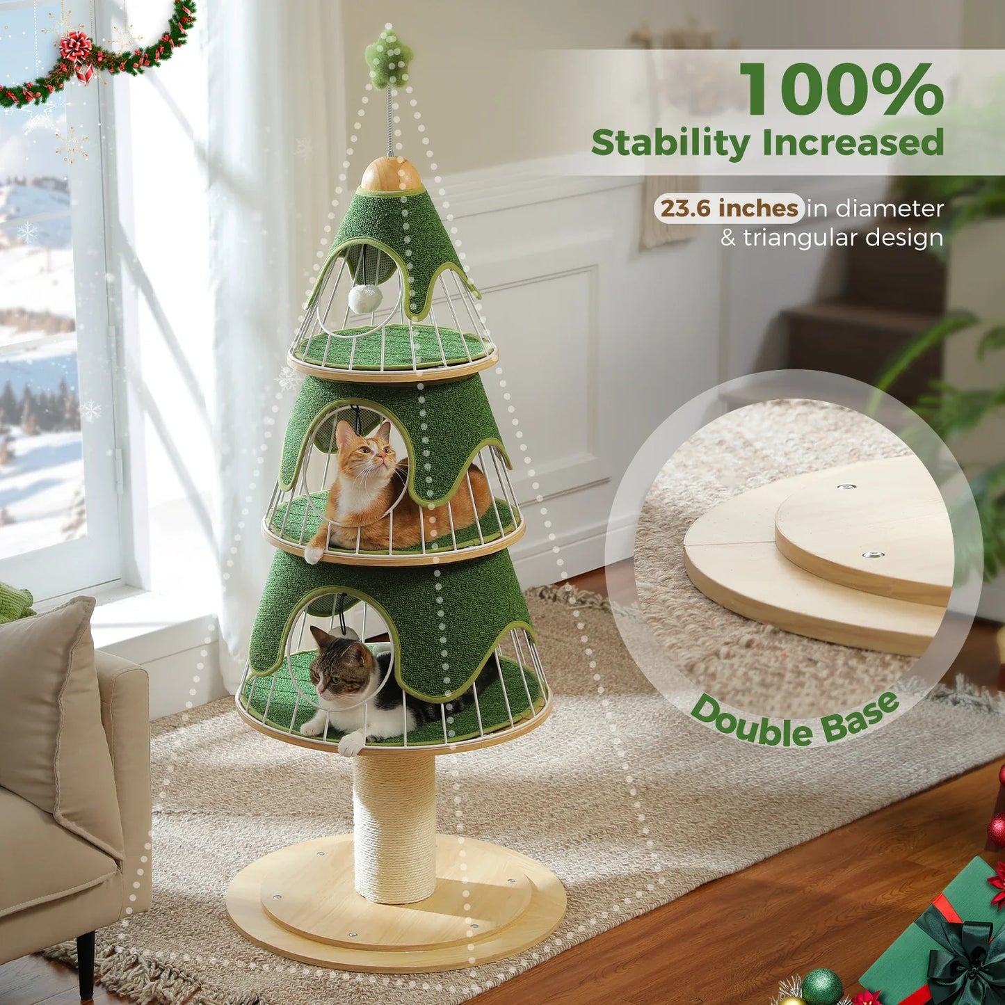 Modern Cat Tree Tower with Thick Scratch Post Wood Cat Tower 3 Cozy Condos Sturdy Metal Frame and Replaceable Soft Mat