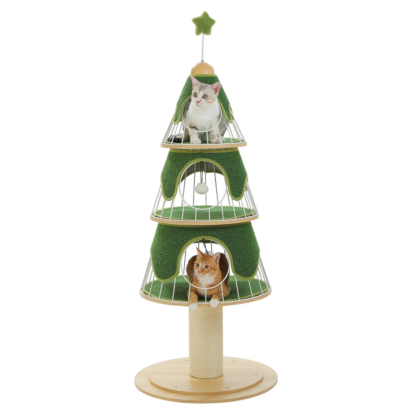 Modern Cat Tree Tower with Thick Scratch Post Wood Cat Tower 3 Cozy Condos Sturdy Metal Frame and Replaceable Soft Mat