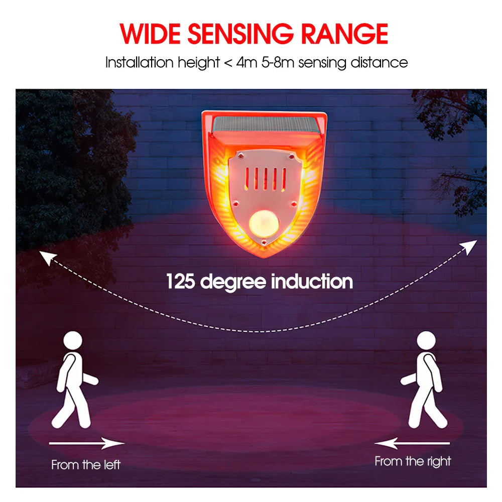 Solar Powered Infrared Motion Sensor Detector Alarm Light with 129db Dog Barking Alarm