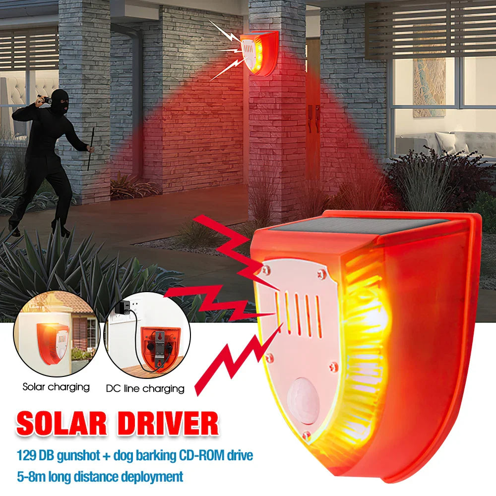 Solar Powered Infrared Motion Sensor Detector Alarm Light with 129db Dog Barking Alarm