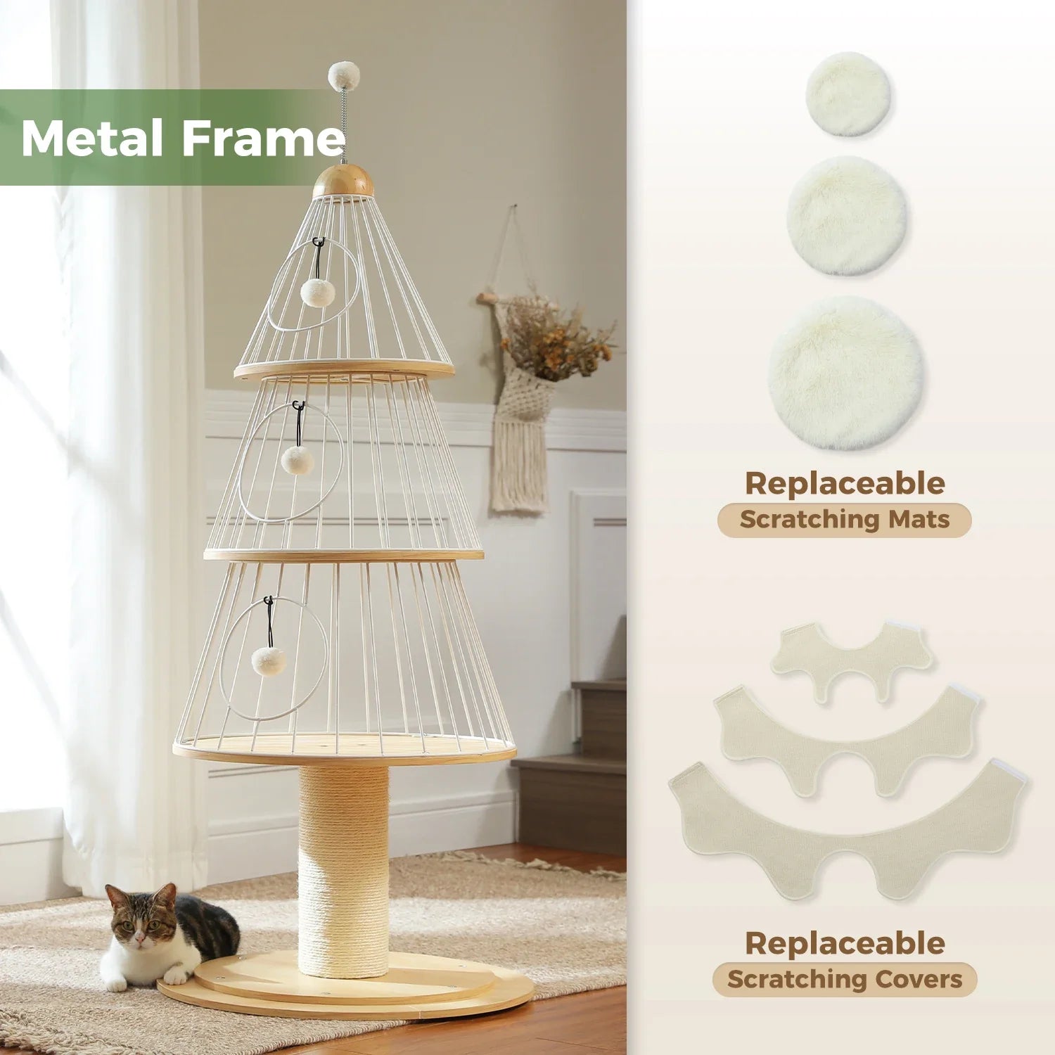 Modern Cat Tree Tower with Thick Scratch Post Wood Cat Tower 3 Cozy Condos Sturdy Metal Frame and Replaceable Soft Mat