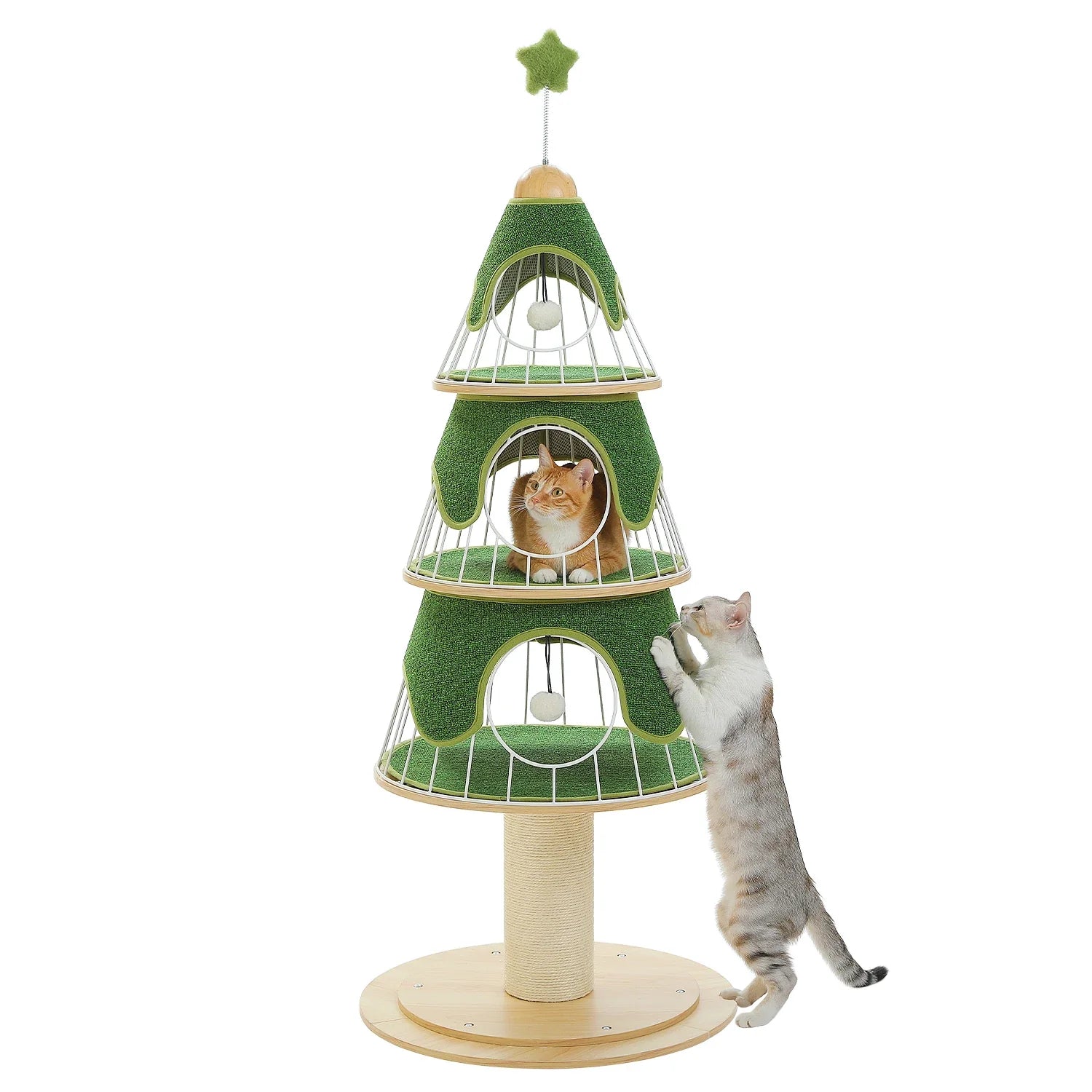 Modern Cat Tree Tower with Thick Scratch Post Wood Cat Tower 3 Cozy Condos Sturdy Metal Frame and Replaceable Soft Mat