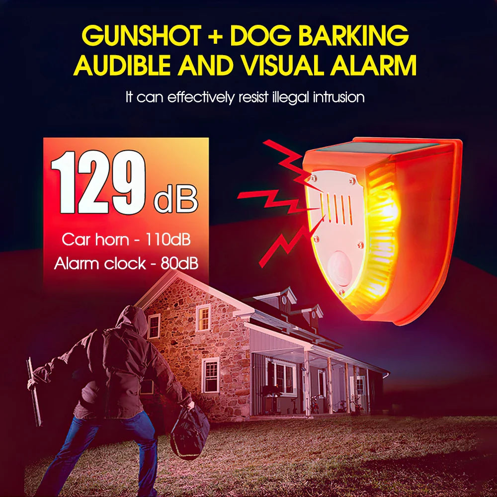 Solar Powered Infrared Motion Sensor Detector Alarm Light with 129db Dog Barking Alarm