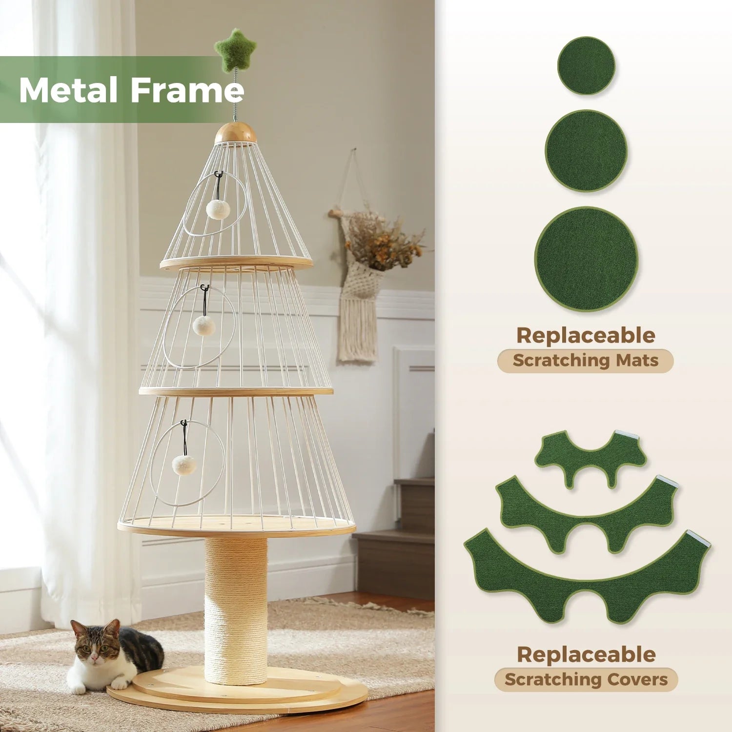 Modern Cat Tree Tower with Thick Scratch Post Wood Cat Tower 3 Cozy Condos Sturdy Metal Frame and Replaceable Soft Mat