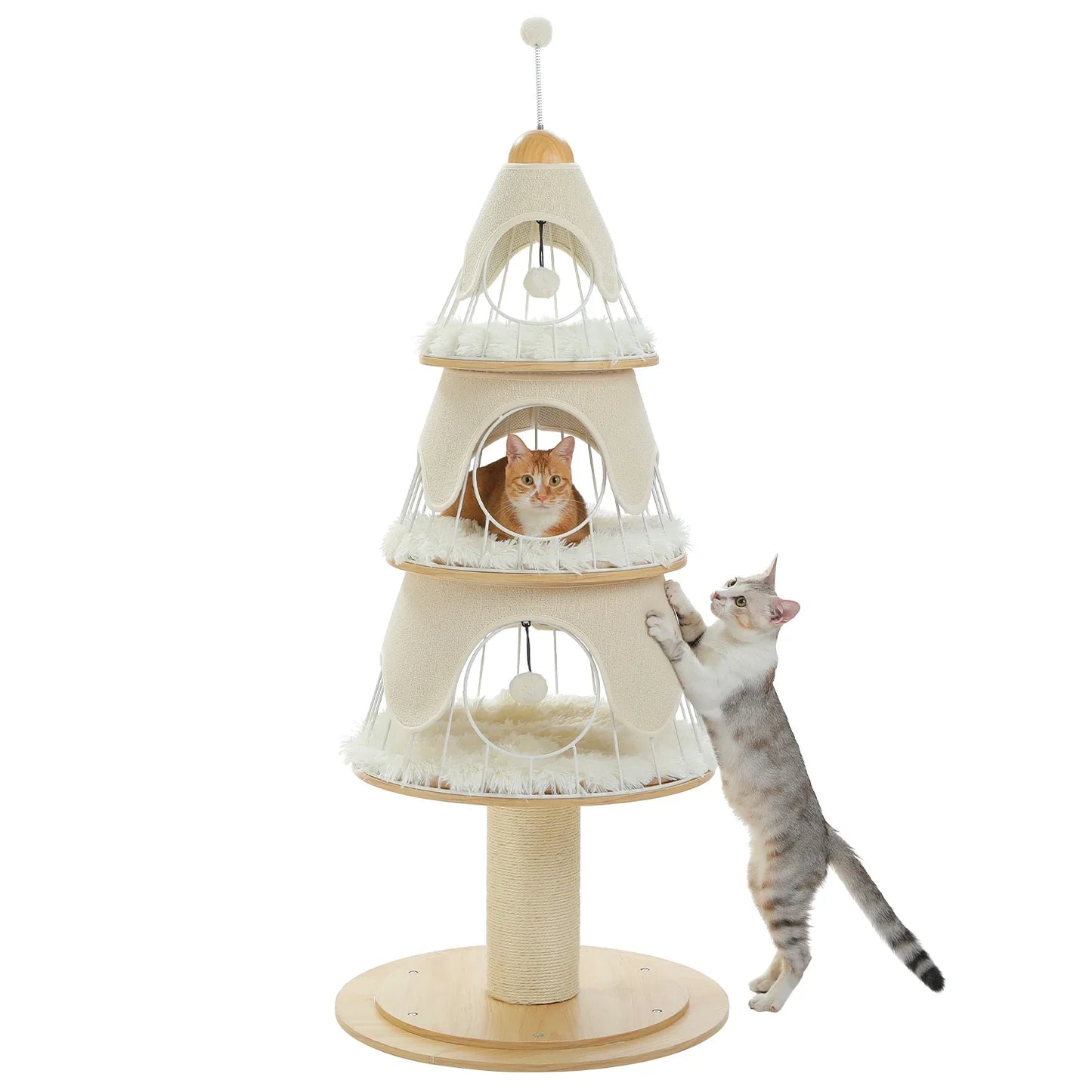 Modern Cat Tree Tower with Thick Scratch Post Wood Cat Tower 3 Cozy Condos Sturdy Metal Frame and Replaceable Soft Mat